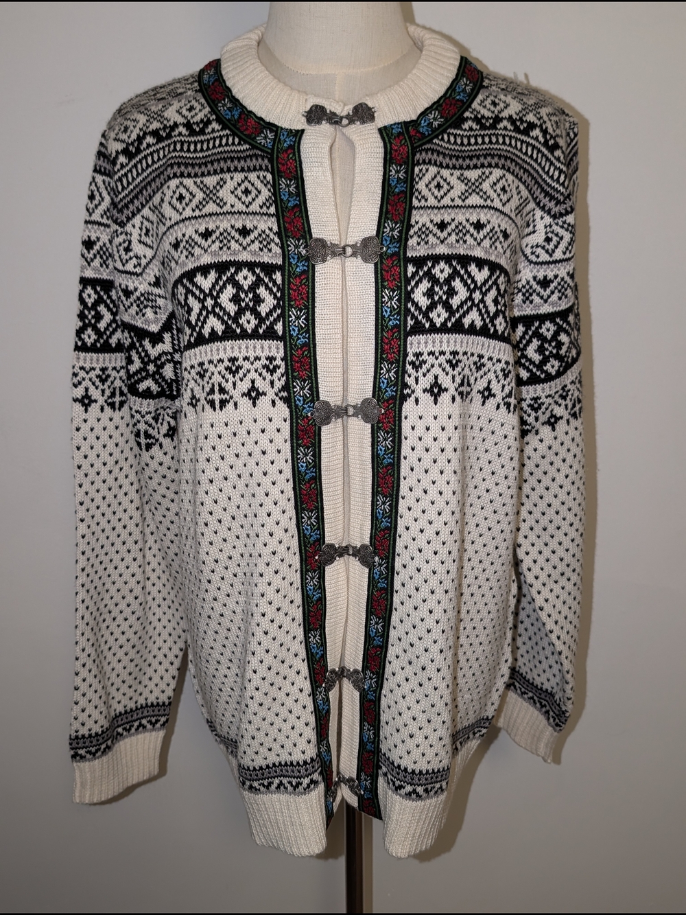 Womens Black & White Nordic-Style Knit Cardigan with Silver Toggle Closures